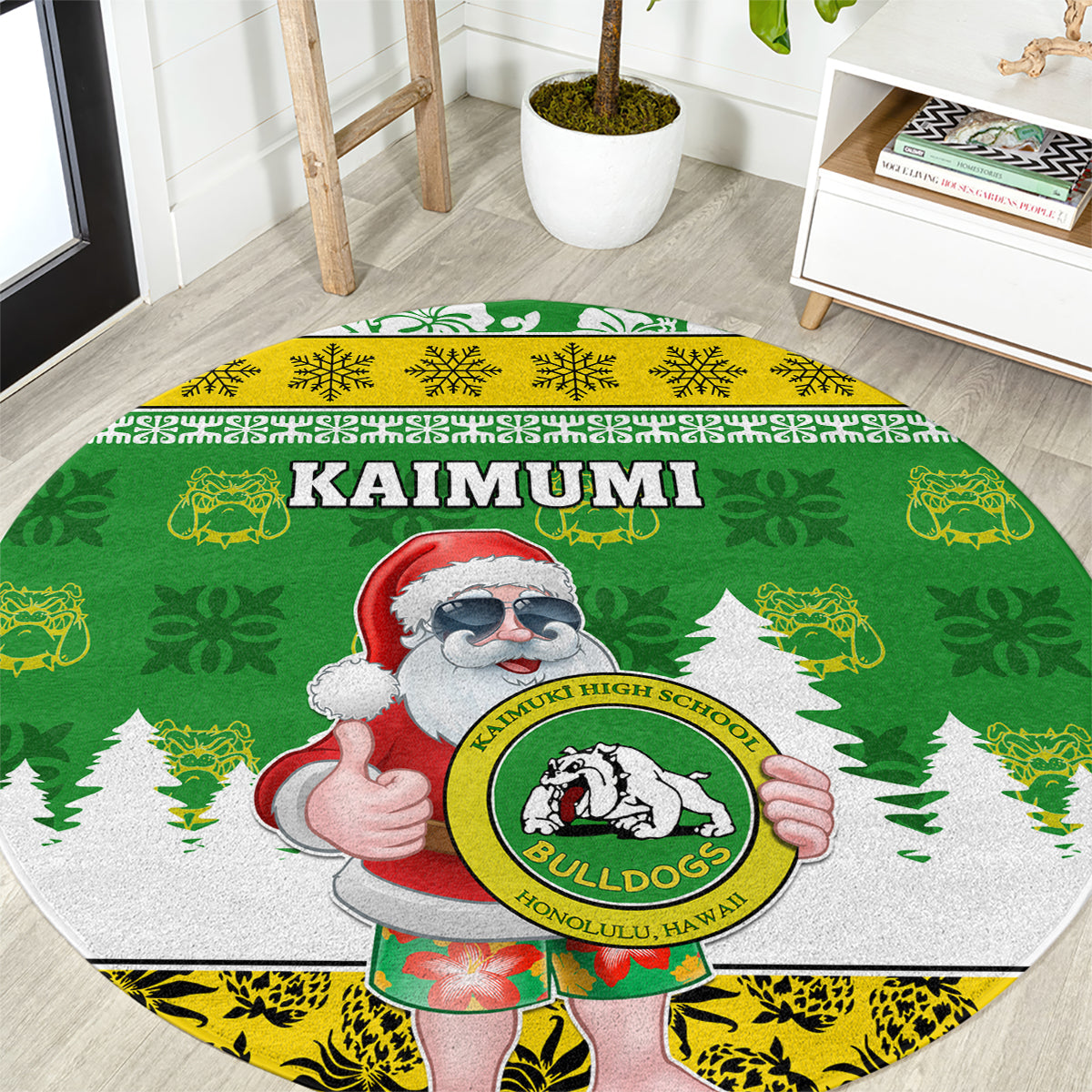 Custom Hawaii Kaimuki High School Christmas Round Carpet Tropical Santa Claus LT05 Green - Polynesian Pride