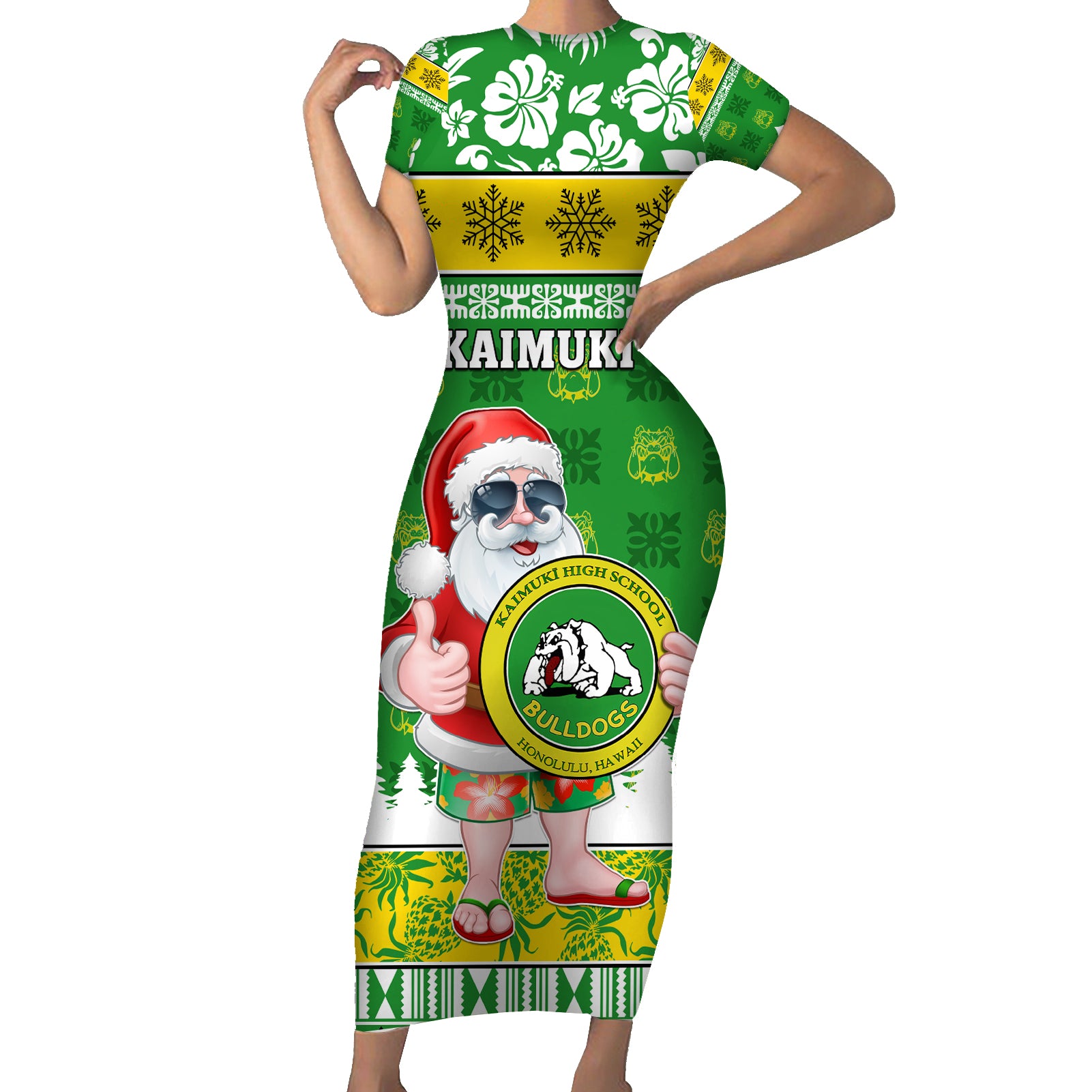 Custom Hawaii Kaimuki High School Christmas Short Sleeve Bodycon Dress Tropical Santa Claus LT05 Long Dress Green - Polynesian Pride