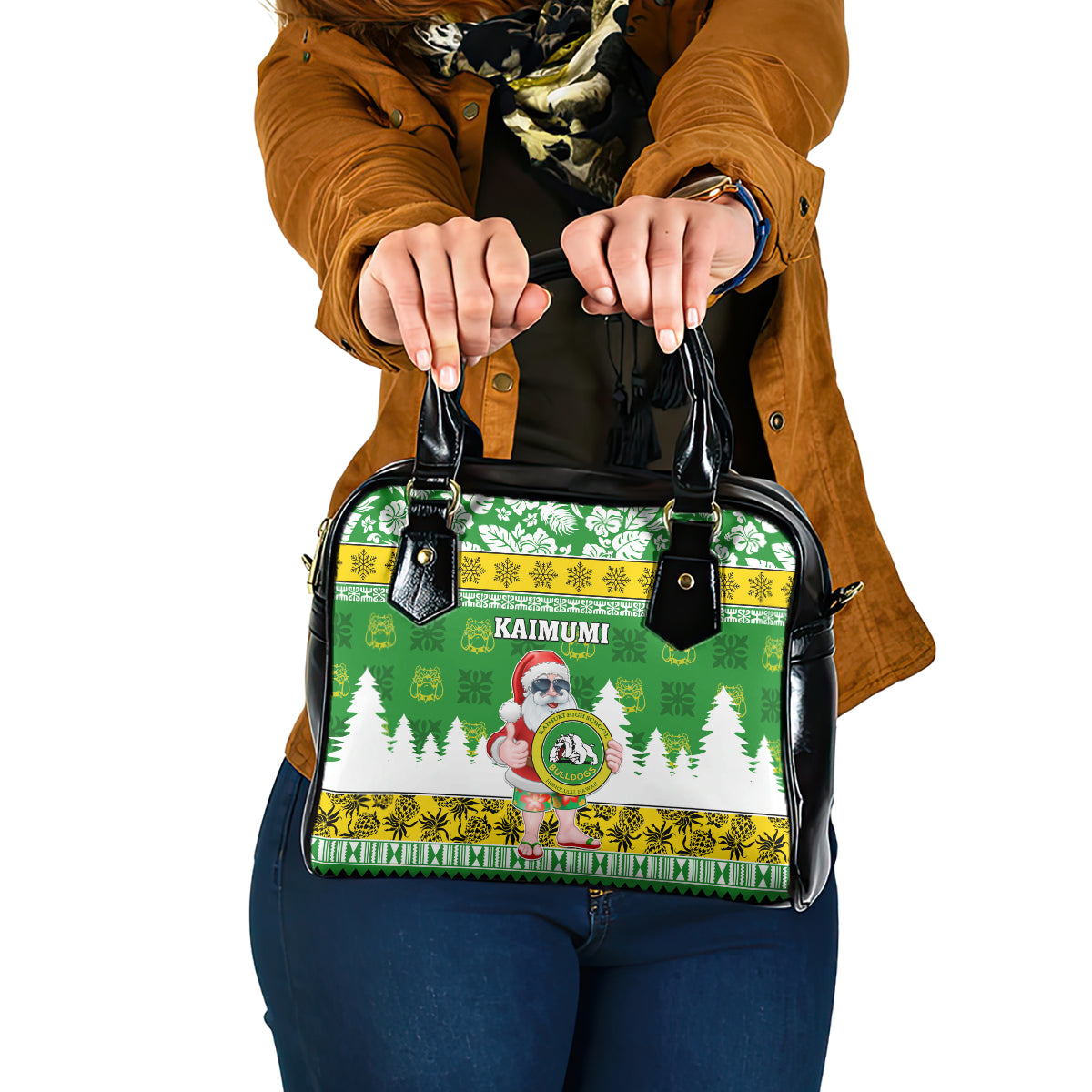 Custom Hawaii Kaimuki High School Christmas Shoulder Handbag Tropical Santa Claus LT05 One Size Green - Polynesian Pride