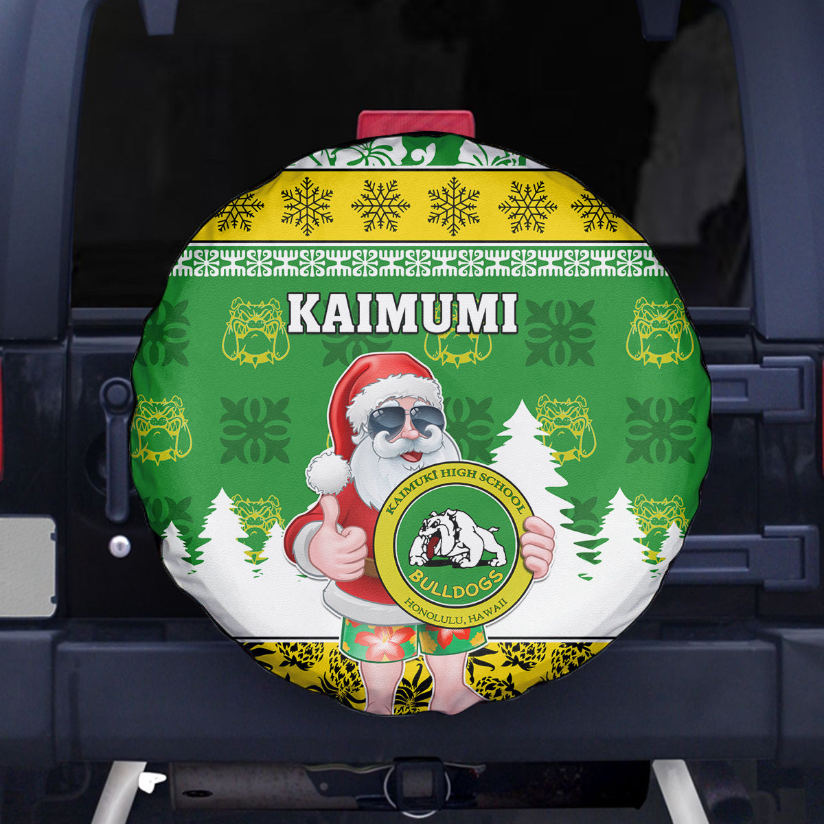 Custom Hawaii Kaimuki High School Christmas Spare Tire Cover Tropical Santa Claus LT05 Green - Polynesian Pride