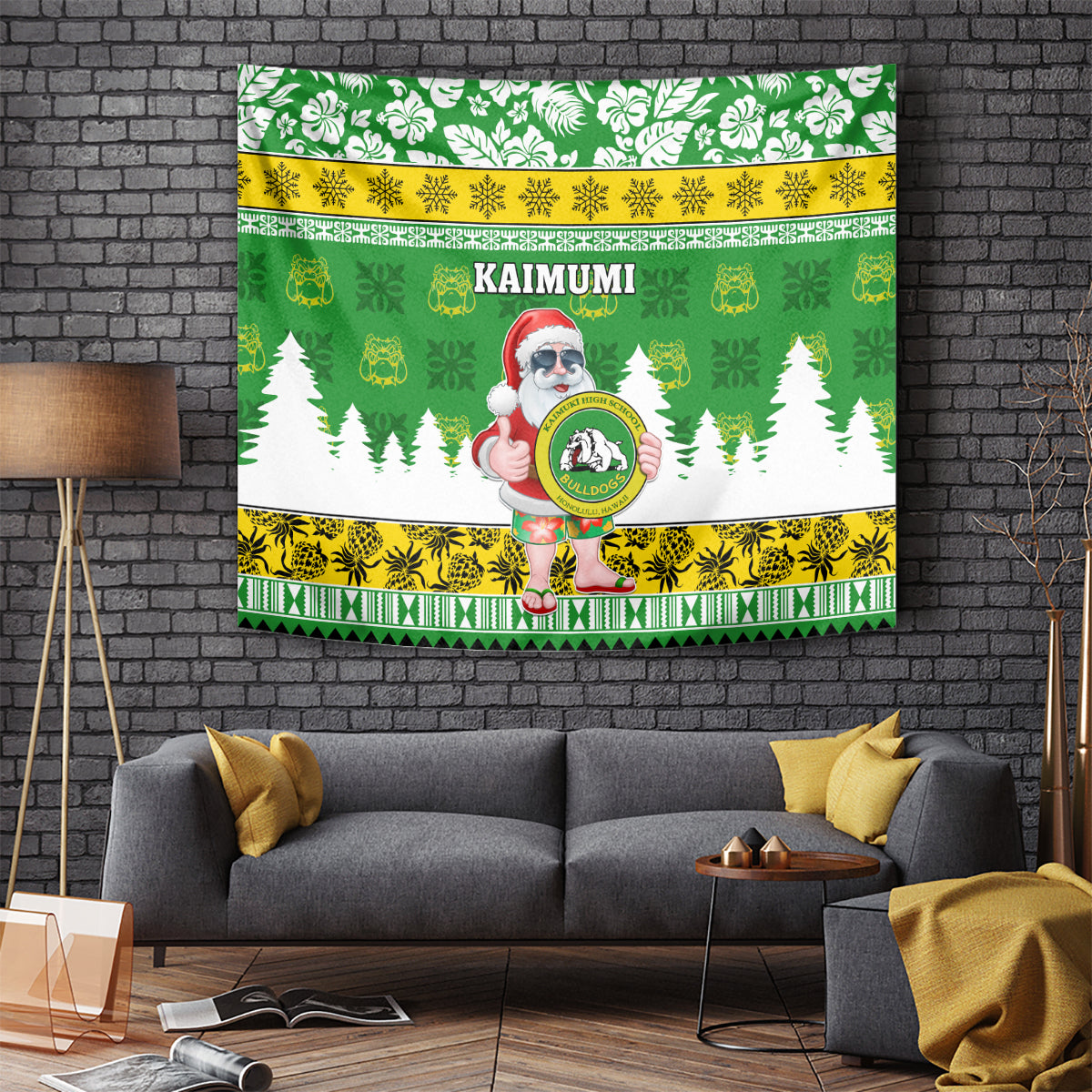 Custom Hawaii Kaimuki High School Christmas Tapestry Tropical Santa Claus LT05 Green - Polynesian Pride
