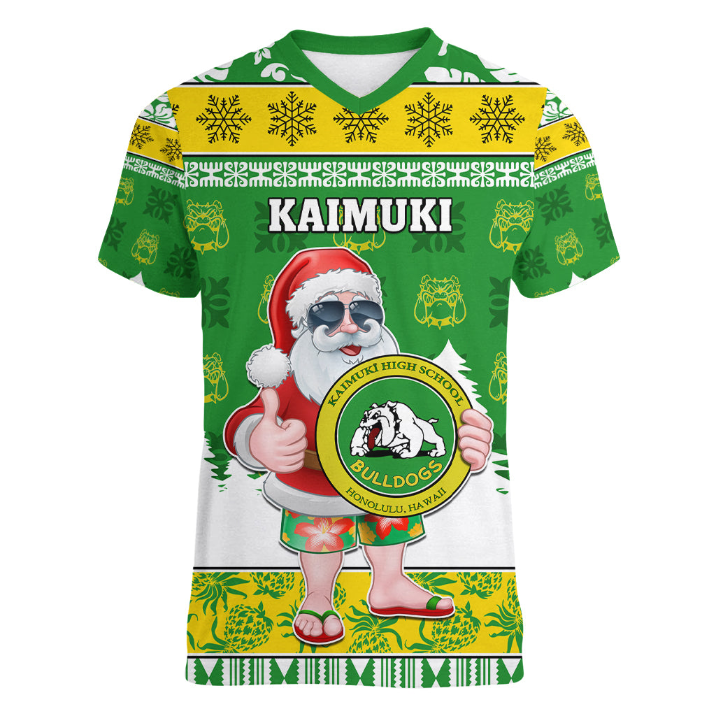 Custom Hawaii Kaimuki High School Christmas Women V Neck T Shirt Tropical Santa Claus LT05 Female Green - Polynesian Pride