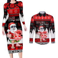 Custom Hawaii Kalani High School Christmas Couples Matching Long Sleeve Bodycon Dress and Long Sleeve Button Shirt Tropical Santa Claus LT05 Red - Polynesian Pride