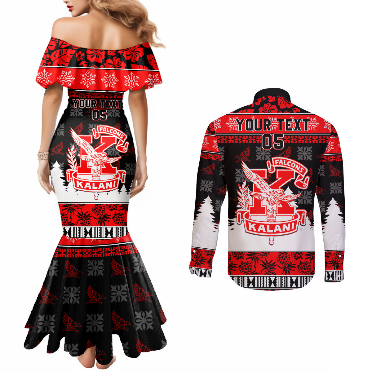 Custom Hawaii Kalani High School Christmas Couples Matching Mermaid Dress and Long Sleeve Button Shirt Tropical Santa Claus LT05 - Polynesian Pride