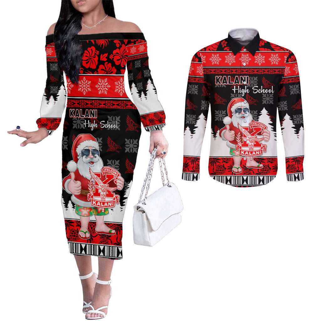 Custom Hawaii Kalani High School Christmas Couples Matching Off The Shoulder Long Sleeve Dress and Long Sleeve Button Shirt Tropical Santa Claus LT05 Red - Polynesian Pride