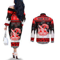 Custom Hawaii Kalani High School Christmas Couples Matching Off The Shoulder Long Sleeve Dress and Long Sleeve Button Shirt Tropical Santa Claus LT05 - Polynesian Pride