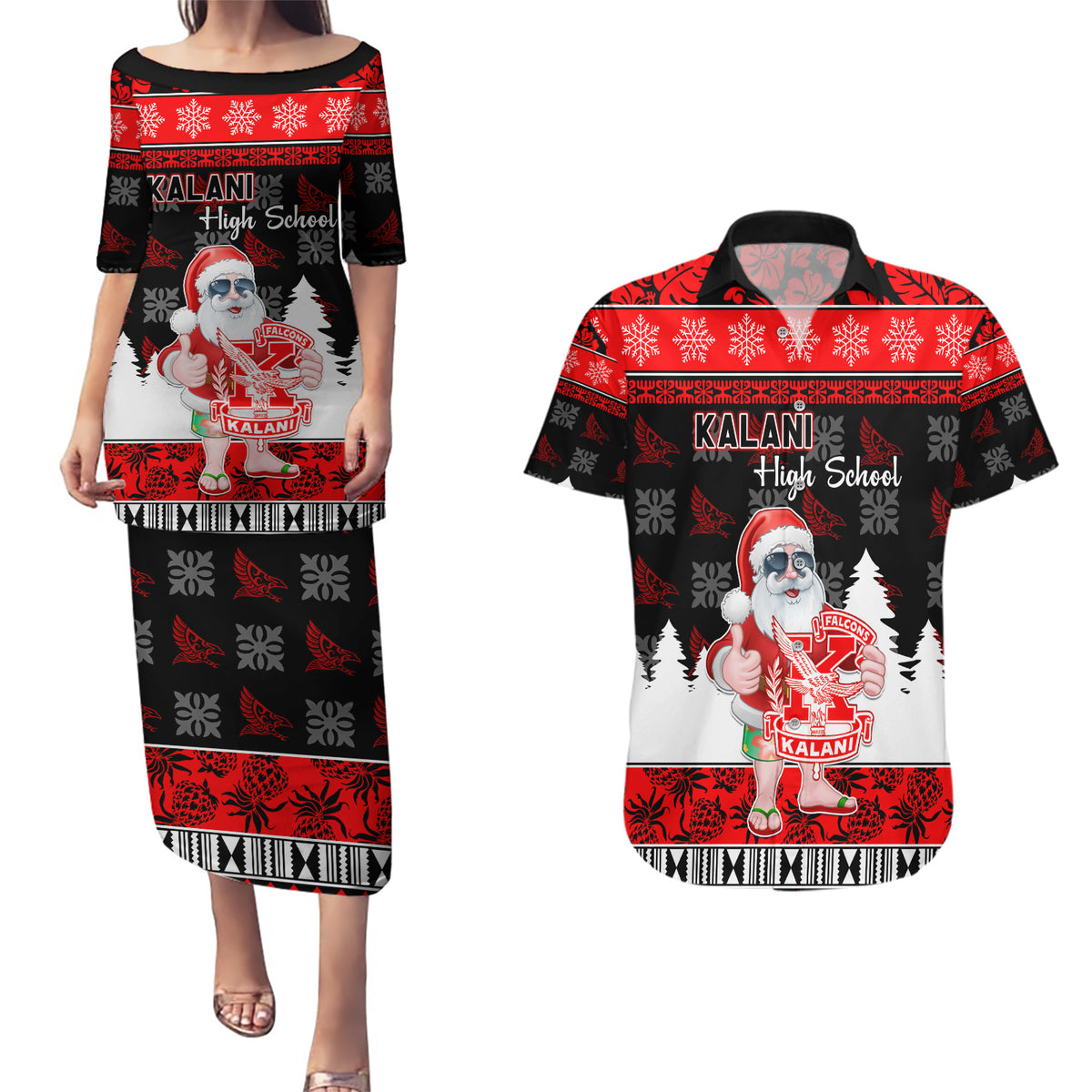 Custom Hawaii Kalani High School Christmas Couples Matching Puletasi Dress and Hawaiian Shirt Tropical Santa Claus LT05 Red - Polynesian Pride