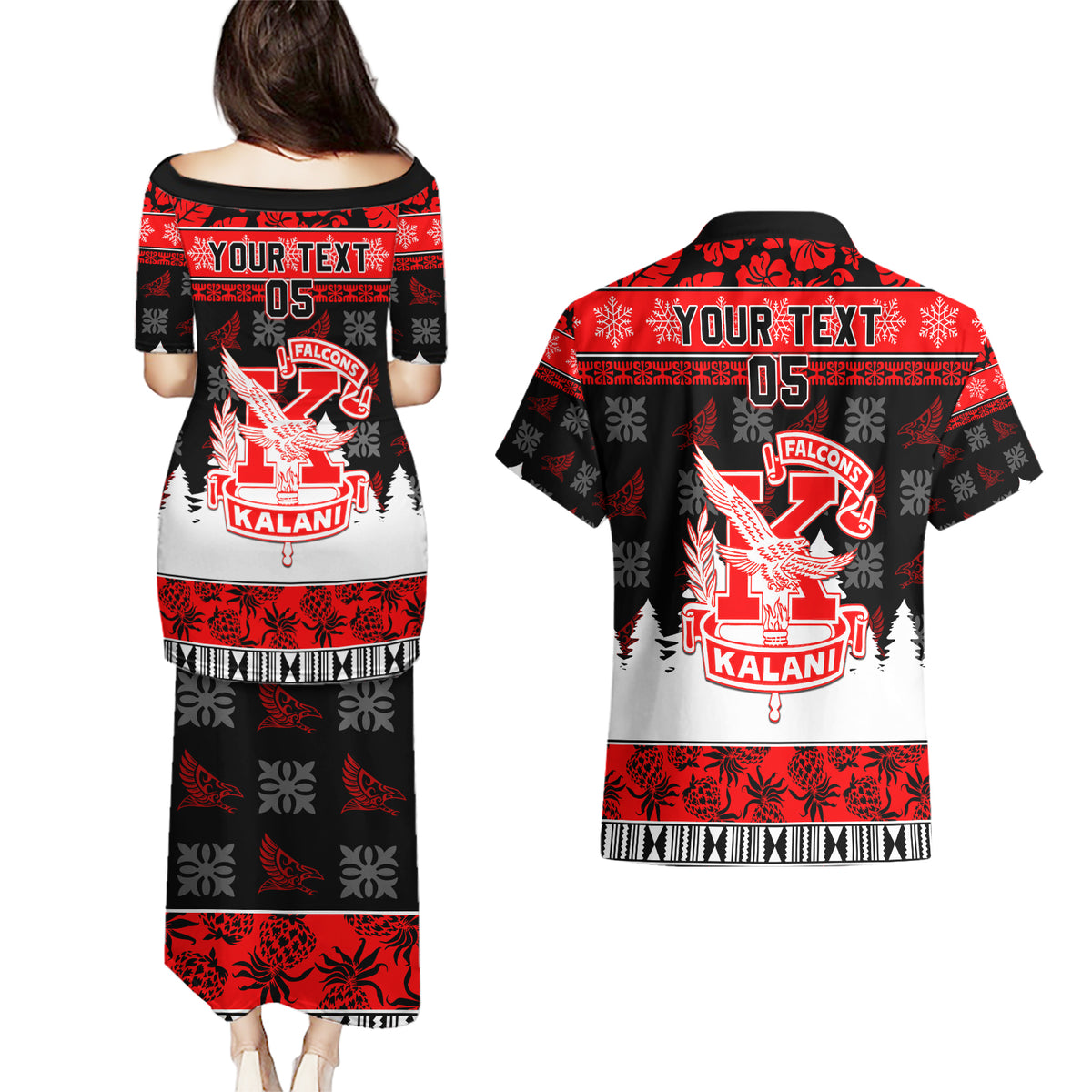 Custom Hawaii Kalani High School Christmas Couples Matching Puletasi Dress and Hawaiian Shirt Tropical Santa Claus LT05 - Polynesian Pride