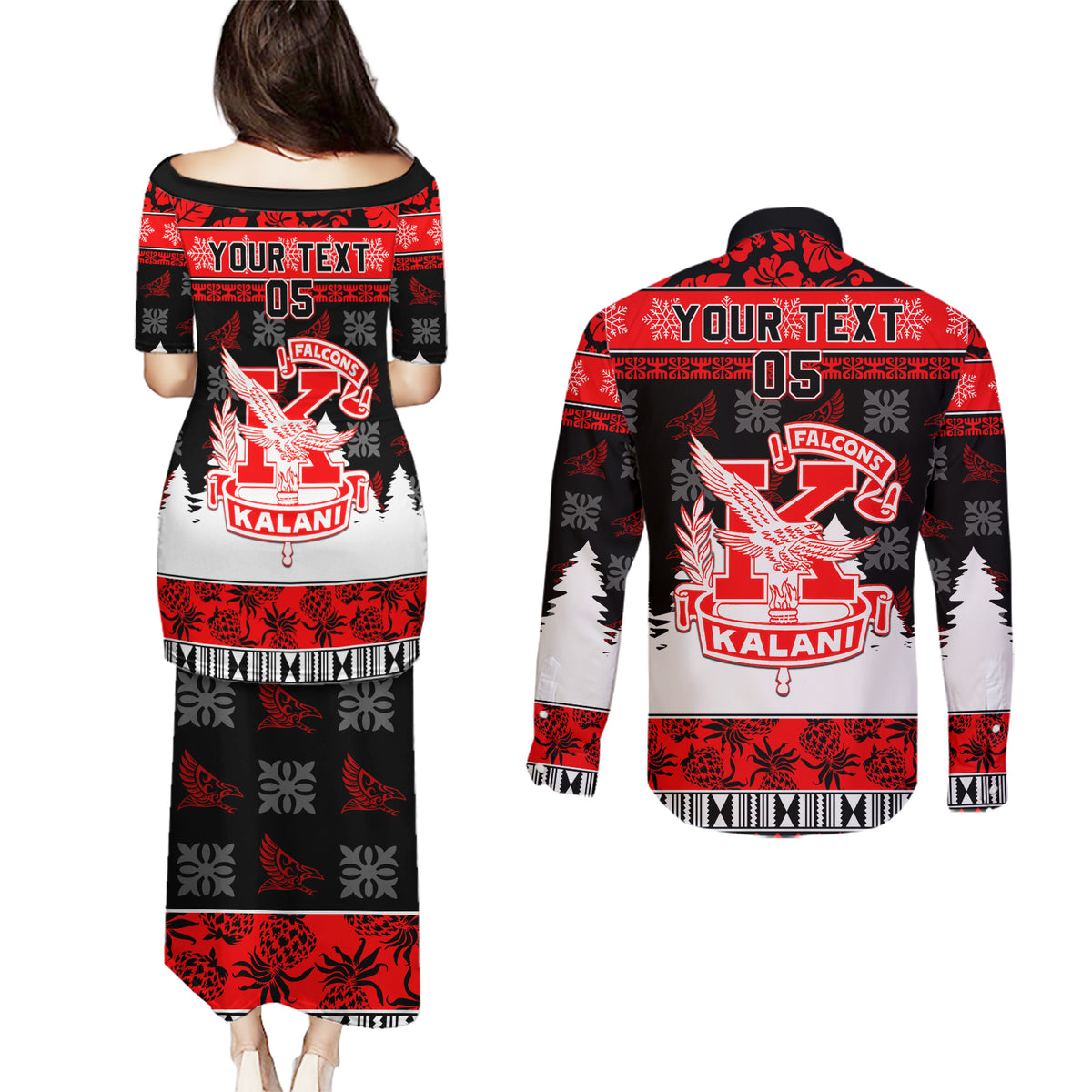 Custom Hawaii Kalani High School Christmas Couples Matching Puletasi Dress and Long Sleeve Button Shirt Tropical Santa Claus LT05 - Polynesian Pride