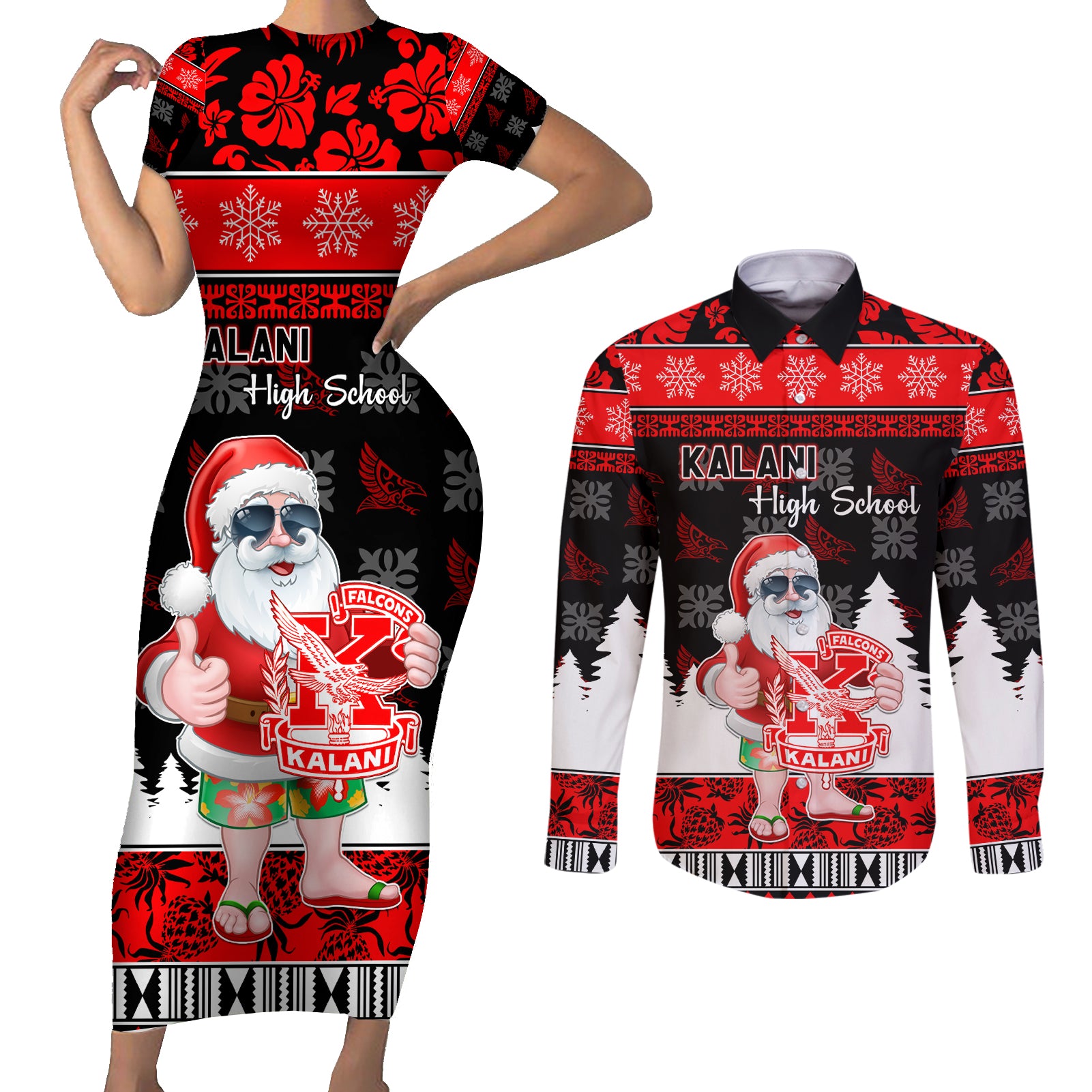 Custom Hawaii Kalani High School Christmas Couples Matching Short Sleeve Bodycon Dress and Long Sleeve Button Shirt Tropical Santa Claus LT05 Red - Polynesian Pride