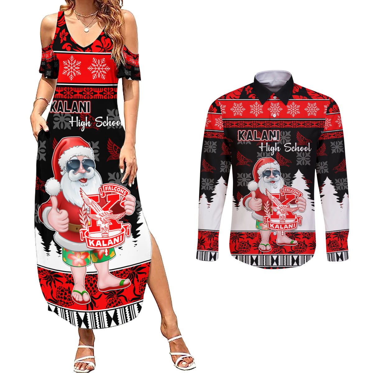 Custom Hawaii Kalani High School Christmas Couples Matching Summer Maxi Dress and Long Sleeve Button Shirt Tropical Santa Claus LT05 Red - Polynesian Pride