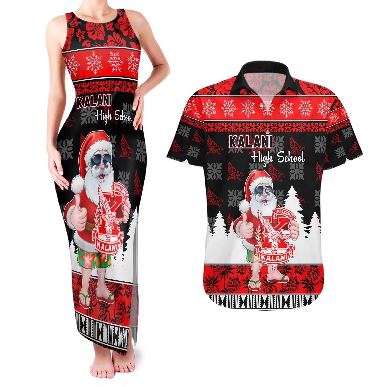 Custom Hawaii Kalani High School Christmas Couples Matching Tank Maxi Dress and Hawaiian Shirt Tropical Santa Claus LT05 Red - Polynesian Pride
