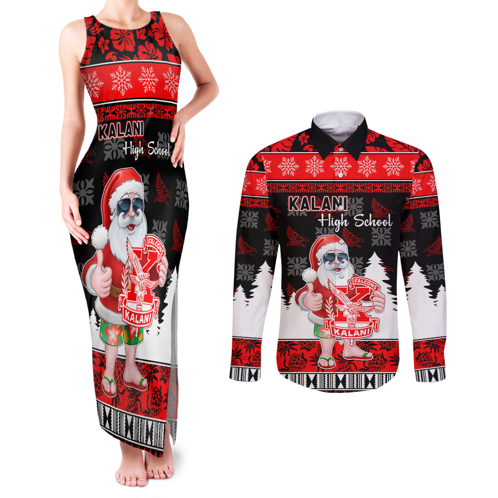 Custom Hawaii Kalani High School Christmas Couples Matching Tank Maxi Dress and Long Sleeve Button Shirt Tropical Santa Claus LT05 Red - Polynesian Pride