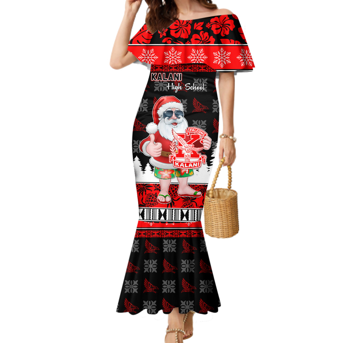 Custom Hawaii Kalani High School Christmas Family Matching Mermaid Dress and Hawaiian Shirt Tropical Santa Claus LT05 Mom's Dress Red - Polynesian Pride
