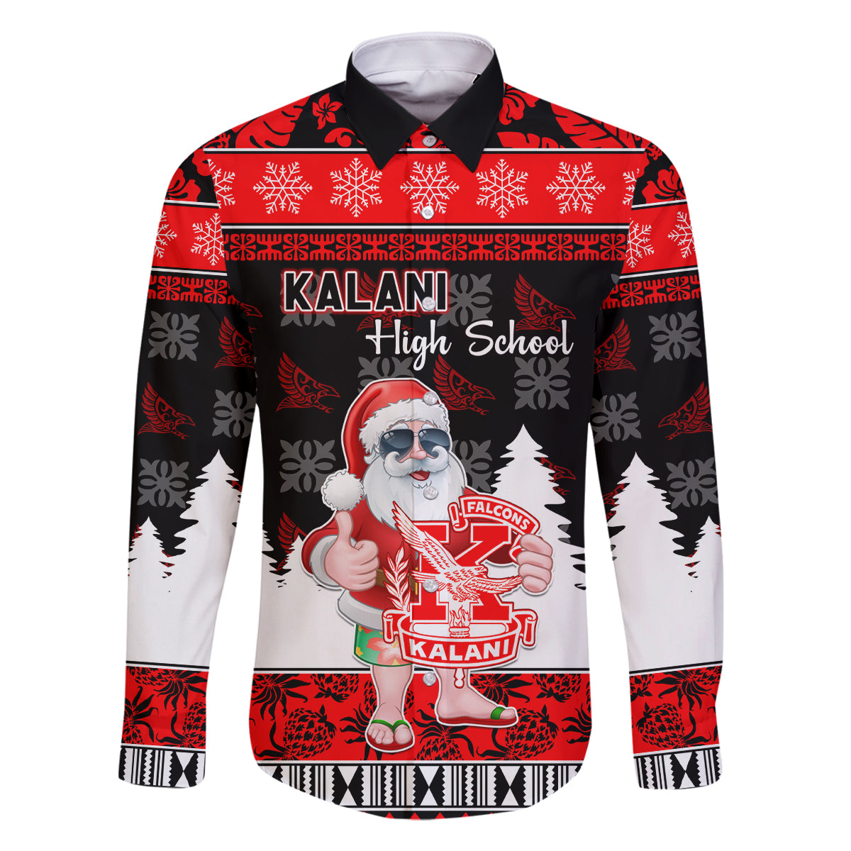 Custom Hawaii Kalani High School Christmas Family Matching Off Shoulder Short Dress and Hawaiian Shirt Tropical Santa Claus LT05 Dad's Shirt - Long Sleeve Red - Polynesian Pride