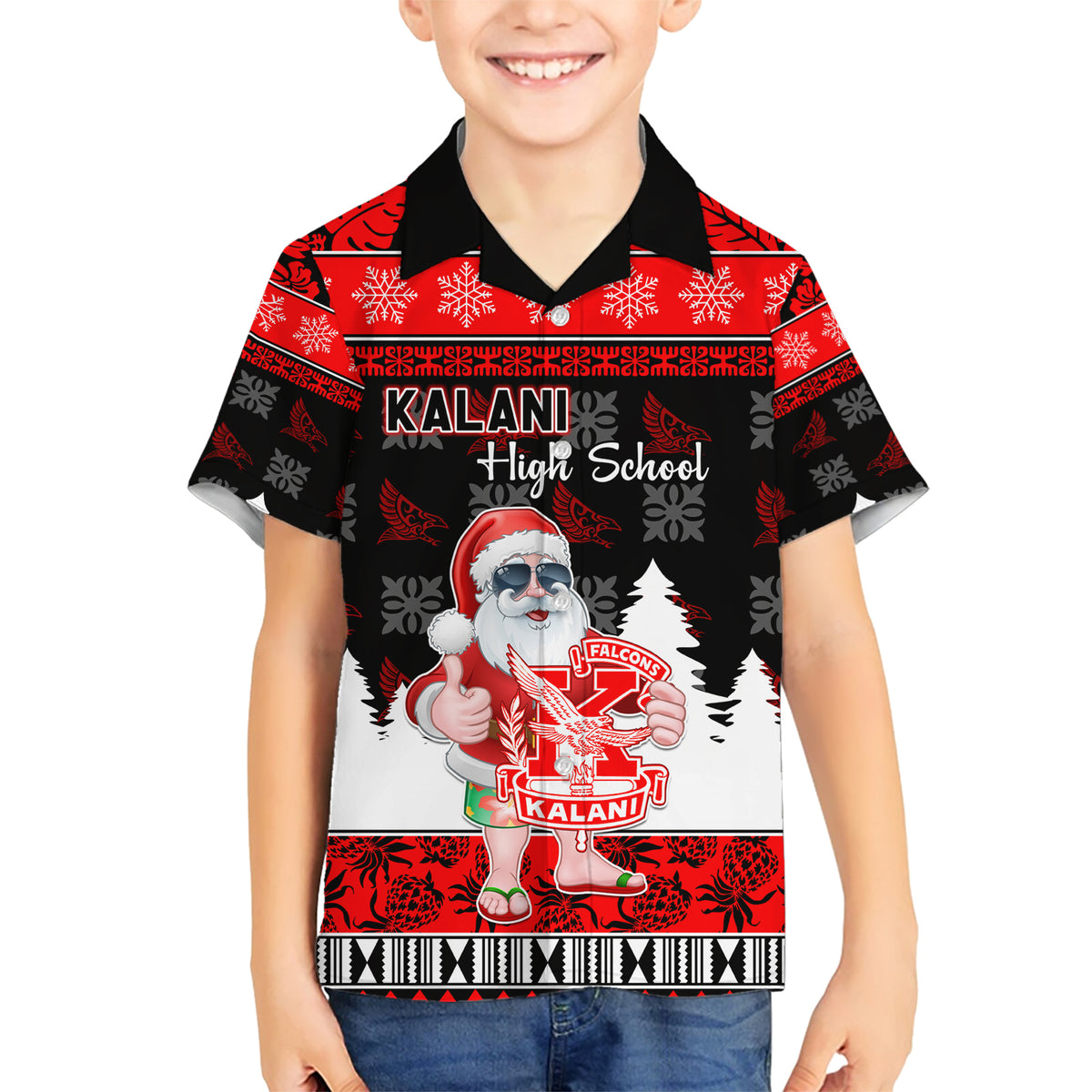 Custom Hawaii Kalani High School Christmas Family Matching Short Sleeve Bodycon Dress and Hawaiian Shirt Tropical Santa Claus LT05 Son's Shirt Red - Polynesian Pride