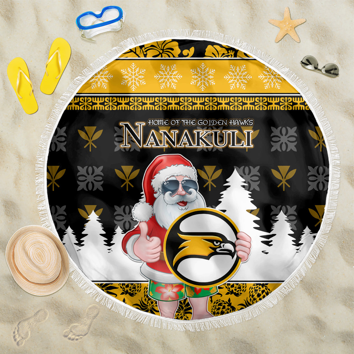 Custom Hawaii Nanakuli High and Intermediate School Christmas Beach Blanket Tropical Santa Claus LT05 One Size 150cm Yellow - Polynesian Pride