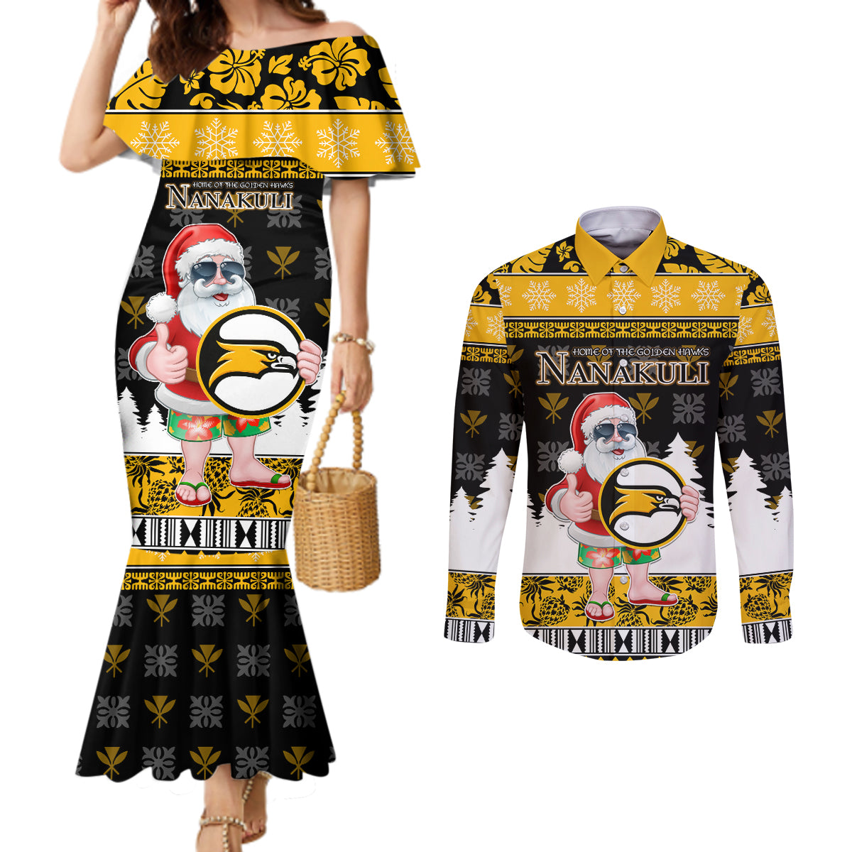 Custom Hawaii Nanakuli High and Intermediate School Christmas Couples Matching Mermaid Dress and Long Sleeve Button Shirt Tropical Santa Claus LT05 Yellow - Polynesian Pride