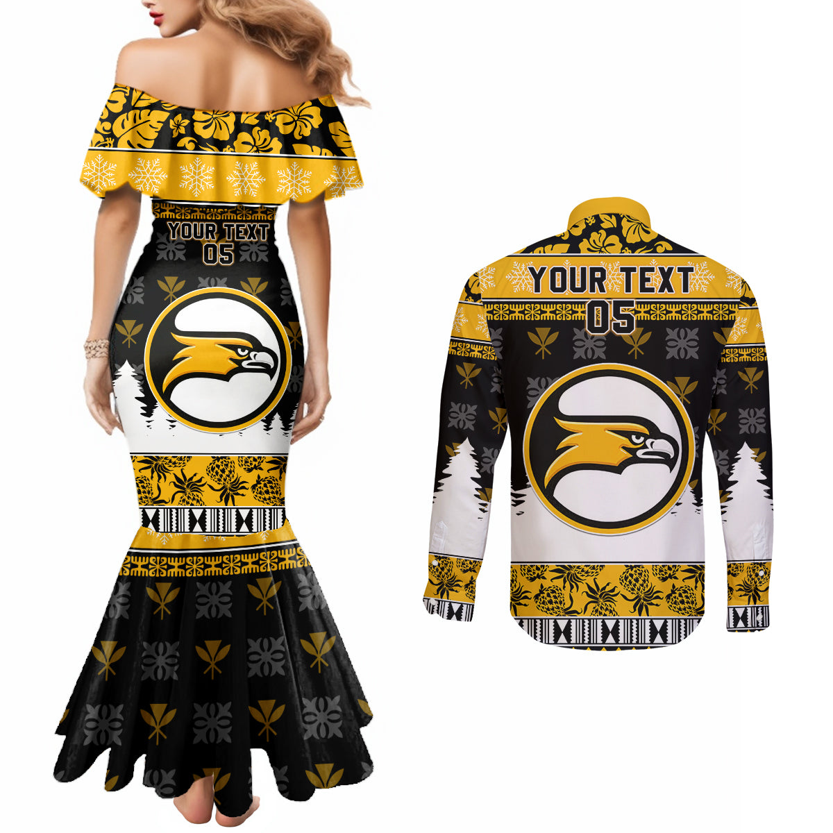 Custom Hawaii Nanakuli High and Intermediate School Christmas Couples Matching Mermaid Dress and Long Sleeve Button Shirt Tropical Santa Claus LT05 - Polynesian Pride