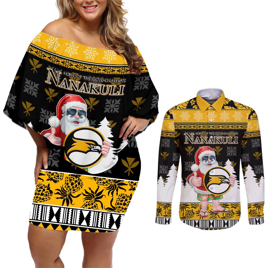 Custom Hawaii Nanakuli High and Intermediate School Christmas Couples Matching Off Shoulder Short Dress and Long Sleeve Button Shirt Tropical Santa Claus LT05 Yellow - Polynesian Pride