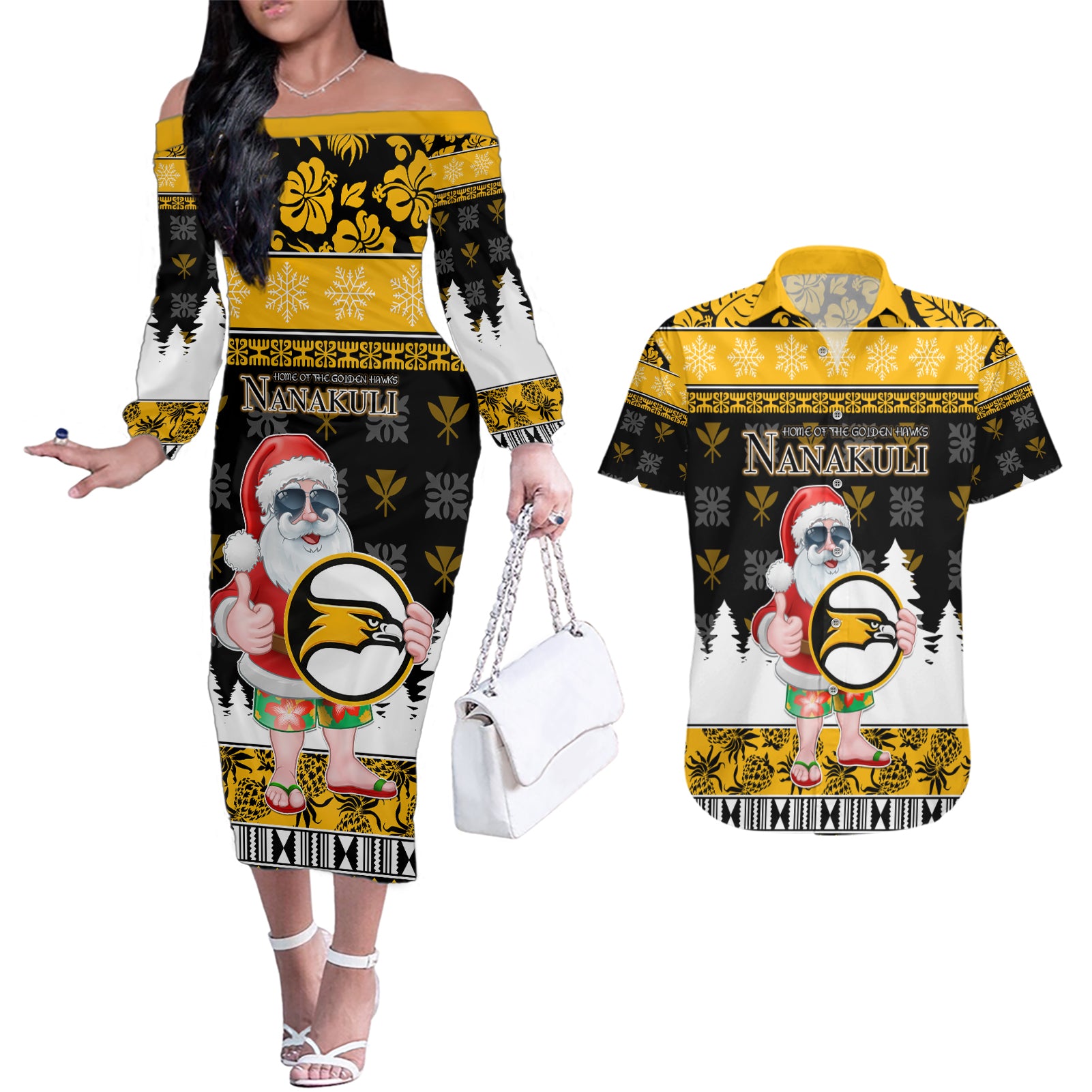 Custom Hawaii Nanakuli High and Intermediate School Christmas Couples Matching Off The Shoulder Long Sleeve Dress and Hawaiian Shirt Tropical Santa Claus LT05 Yellow - Polynesian Pride