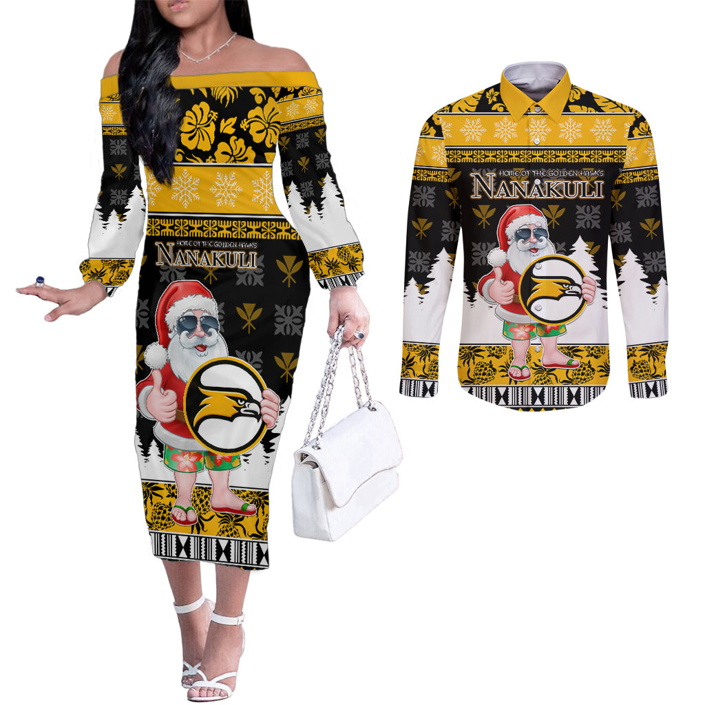 Custom Hawaii Nanakuli High and Intermediate School Christmas Couples Matching Off The Shoulder Long Sleeve Dress and Long Sleeve Button Shirt Tropical Santa Claus LT05 Yellow - Polynesian Pride