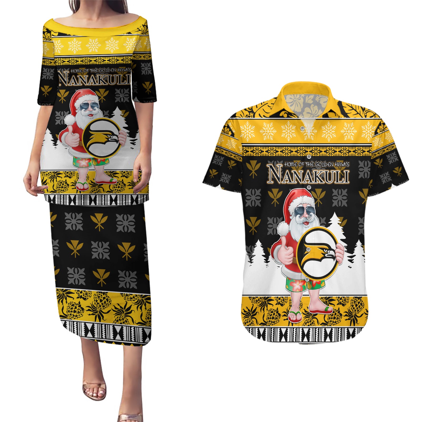 Custom Hawaii Nanakuli High and Intermediate School Christmas Couples Matching Puletasi Dress and Hawaiian Shirt Tropical Santa Claus LT05 Yellow - Polynesian Pride