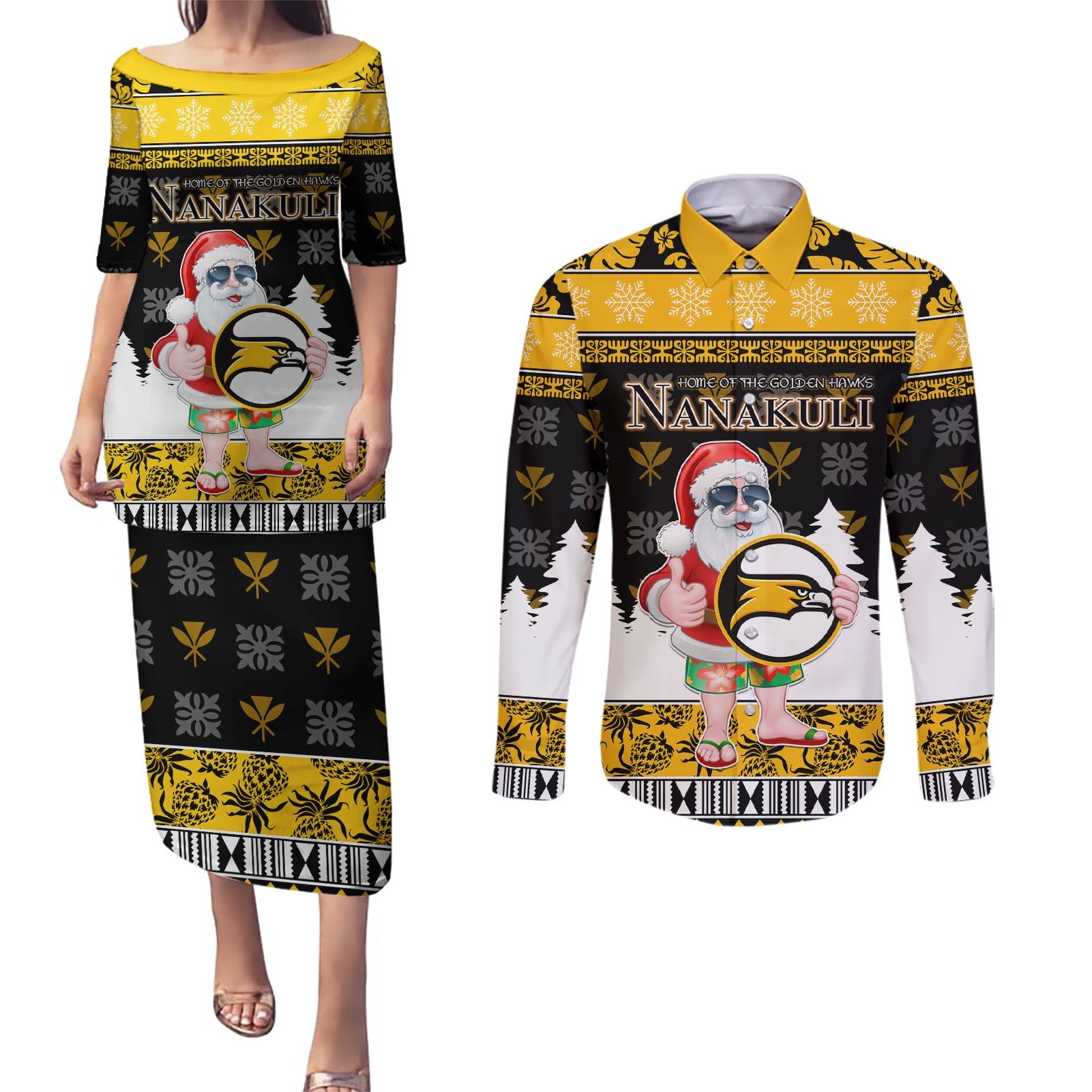 Custom Hawaii Nanakuli High and Intermediate School Christmas Couples Matching Puletasi Dress and Long Sleeve Button Shirt Tropical Santa Claus LT05 Yellow - Polynesian Pride