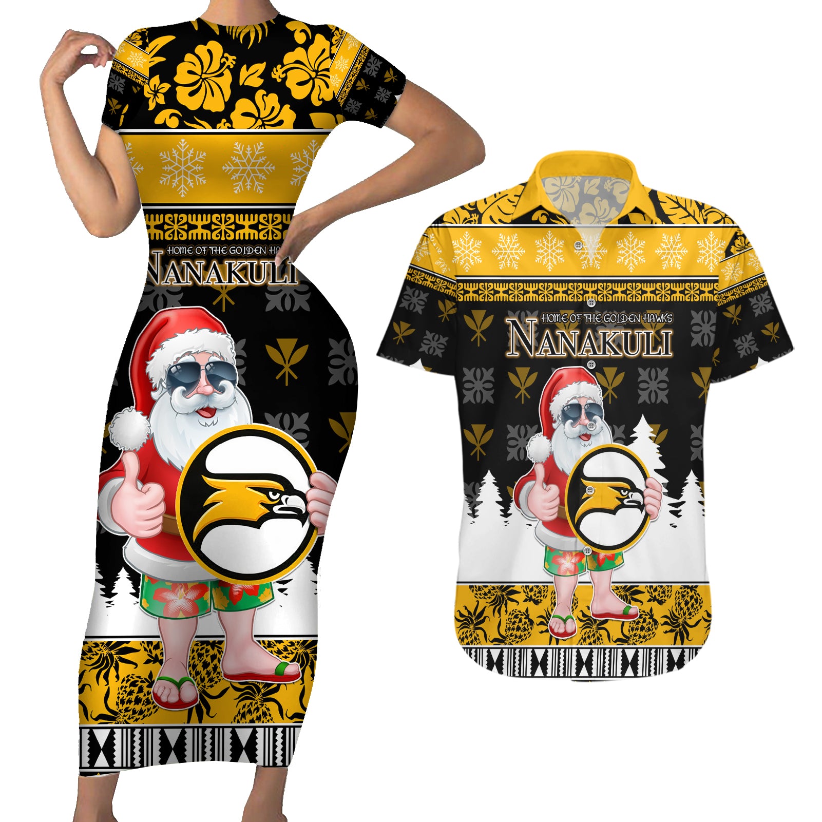 Custom Hawaii Nanakuli High and Intermediate School Christmas Couples Matching Short Sleeve Bodycon Dress and Hawaiian Shirt Tropical Santa Claus LT05 Yellow - Polynesian Pride