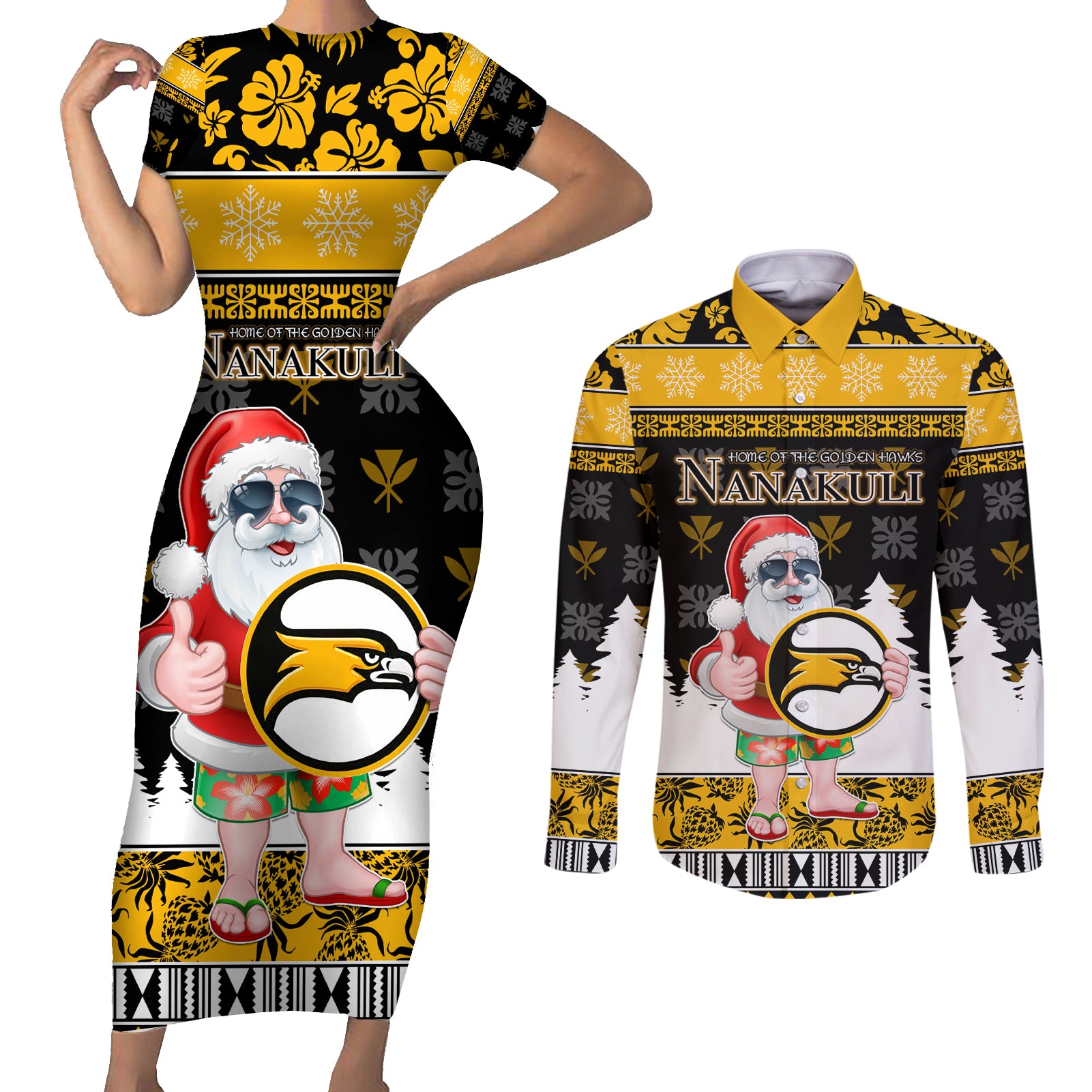 Custom Hawaii Nanakuli High and Intermediate School Christmas Couples Matching Short Sleeve Bodycon Dress and Long Sleeve Button Shirt Tropical Santa Claus LT05 Yellow - Polynesian Pride