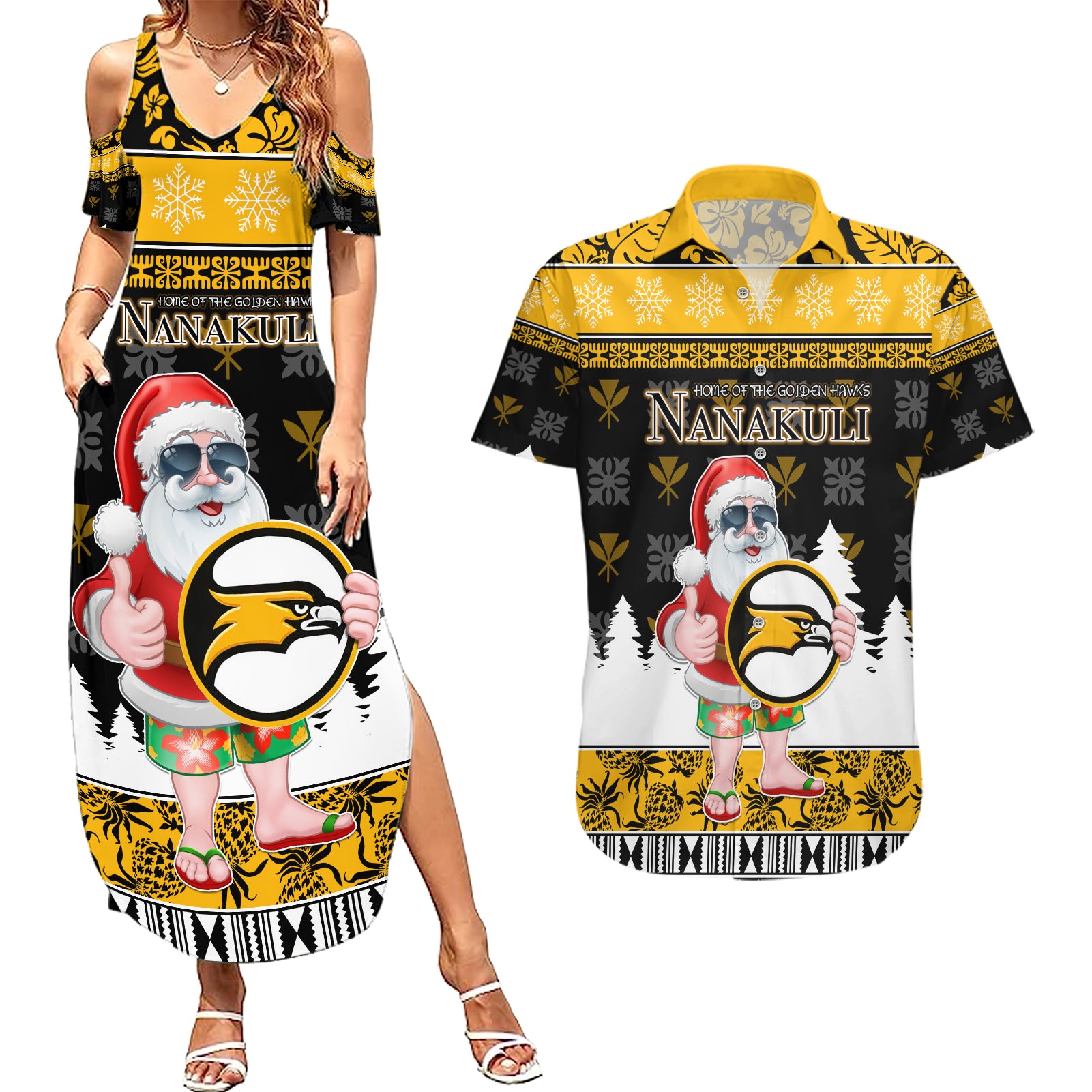 Custom Hawaii Nanakuli High and Intermediate School Christmas Couples Matching Summer Maxi Dress and Hawaiian Shirt Tropical Santa Claus LT05 Yellow - Polynesian Pride