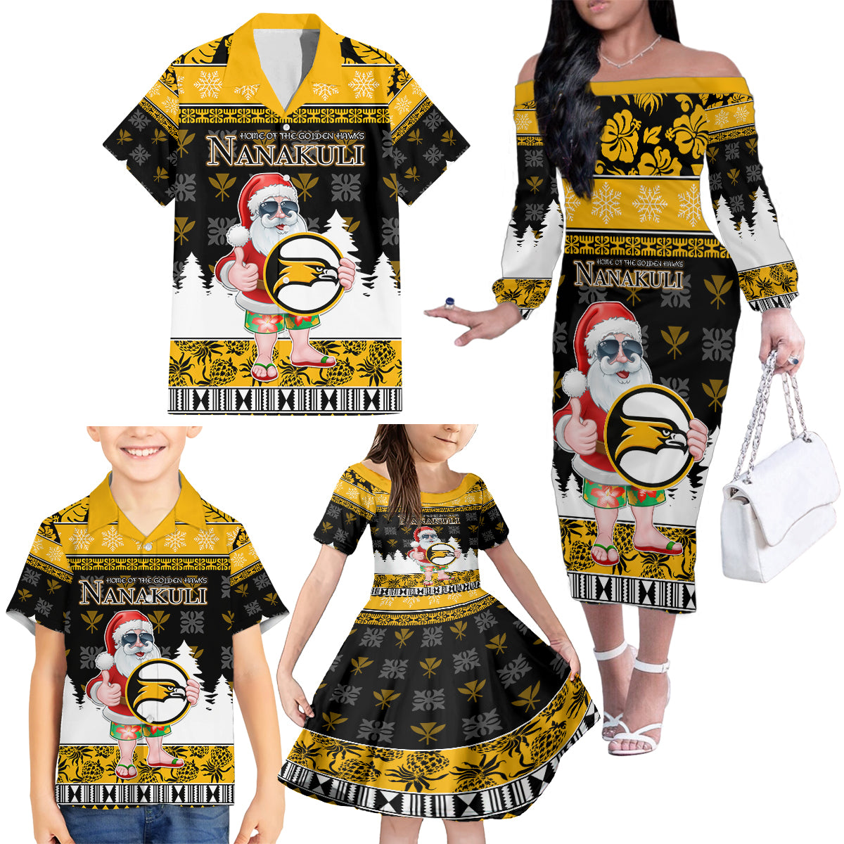 Custom Hawaii Nanakuli High and Intermediate School Christmas Family Matching Off Shoulder Long Sleeve Dress and Hawaiian Shirt Tropical Santa Claus LT05 - Polynesian Pride