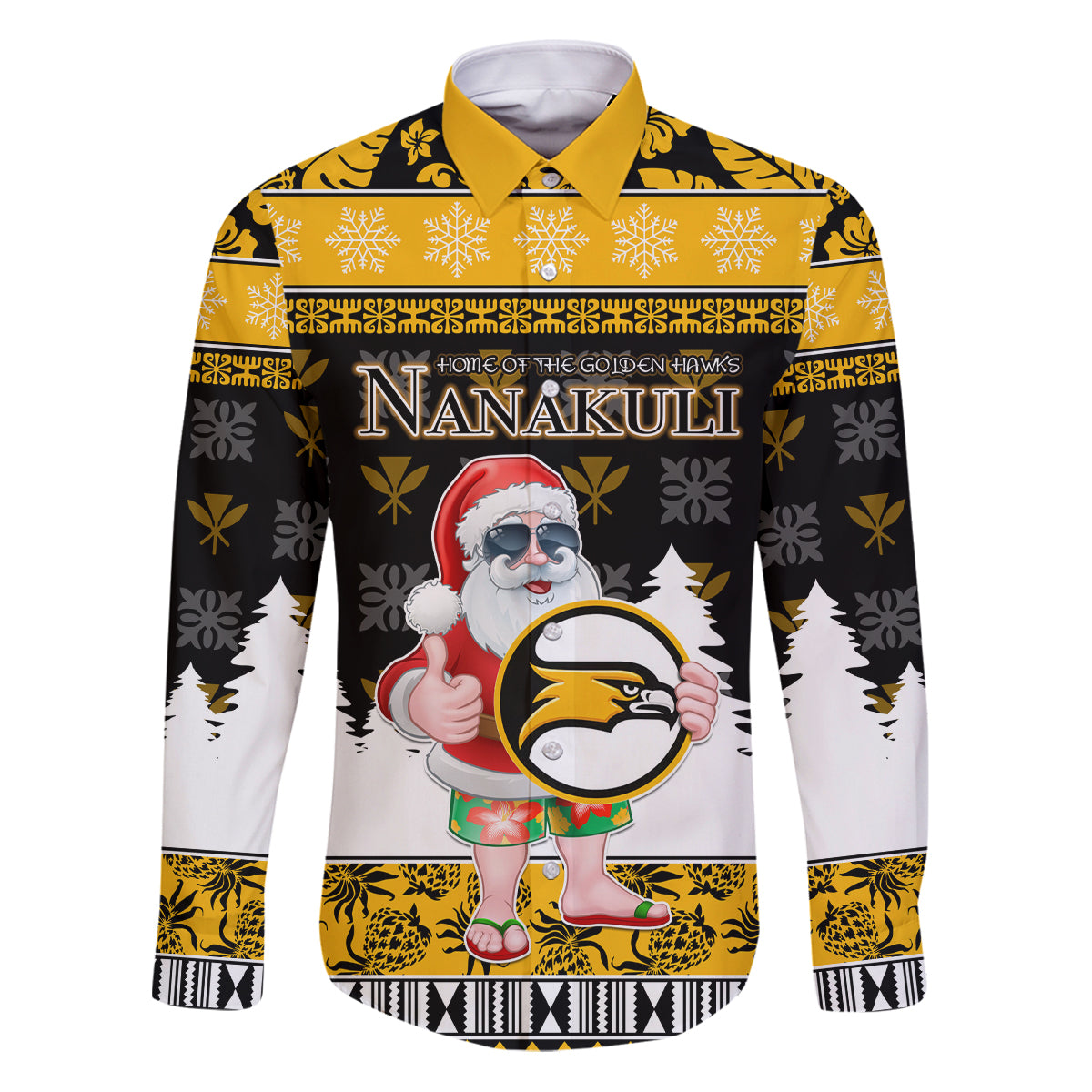 Custom Hawaii Nanakuli High and Intermediate School Christmas Family Matching Puletasi Dress and Hawaiian Shirt Tropical Santa Claus LT05 Dad's Shirt - Long Sleeve Yellow - Polynesian Pride