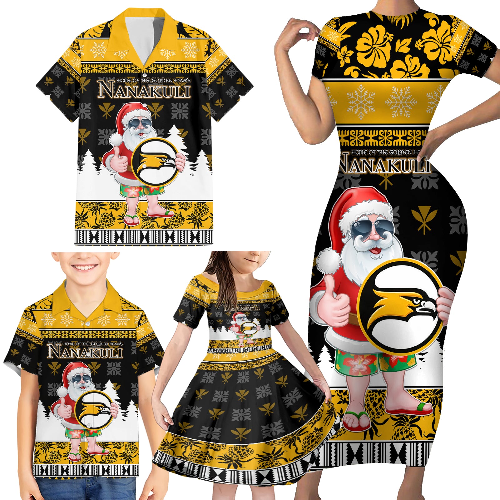 Custom Hawaii Nanakuli High and Intermediate School Christmas Family Matching Short Sleeve Bodycon Dress and Hawaiian Shirt Tropical Santa Claus LT05 - Polynesian Pride