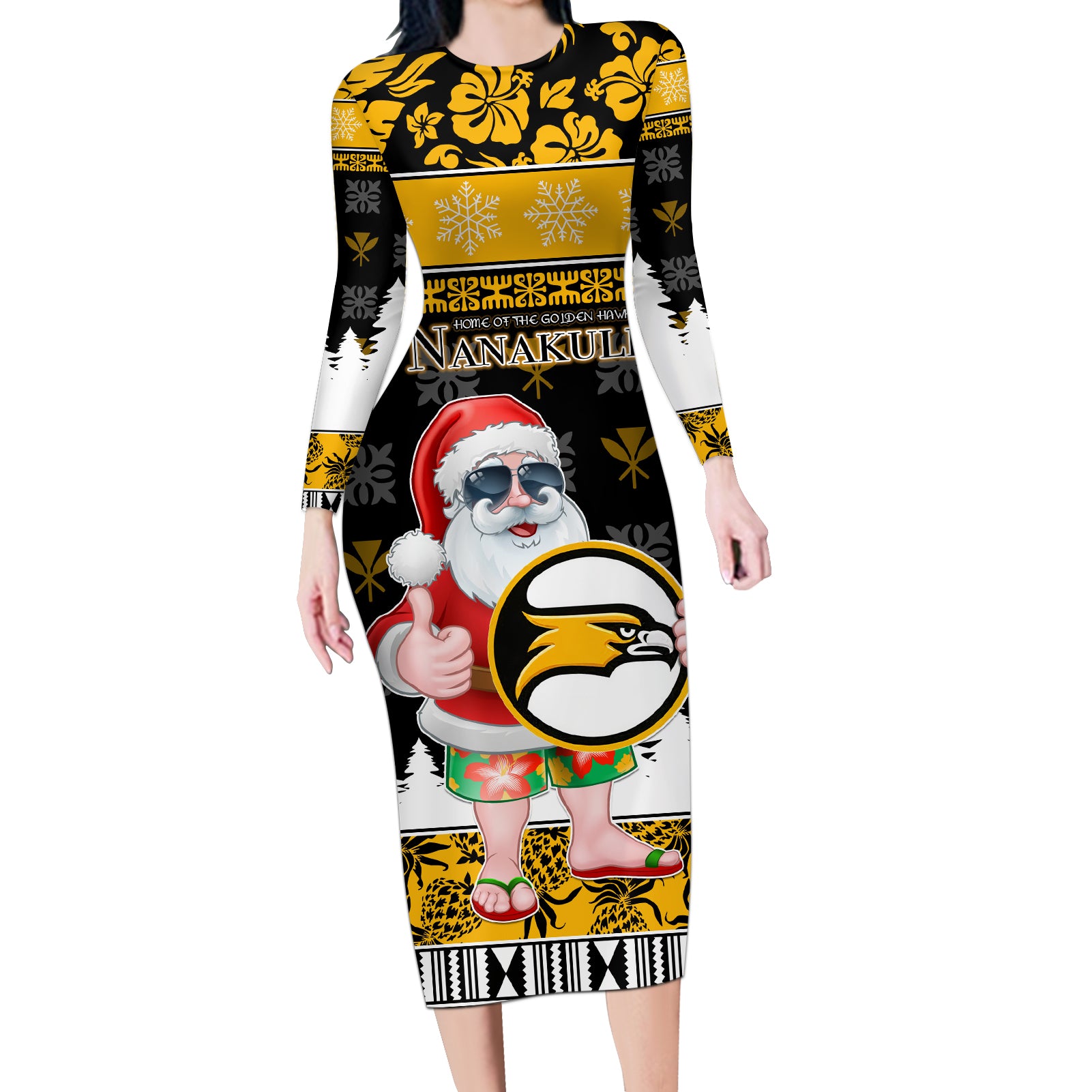 Custom Hawaii Nanakuli High and Intermediate School Christmas Long Sleeve Bodycon Dress Tropical Santa Claus LT05 Long Dress Yellow - Polynesian Pride