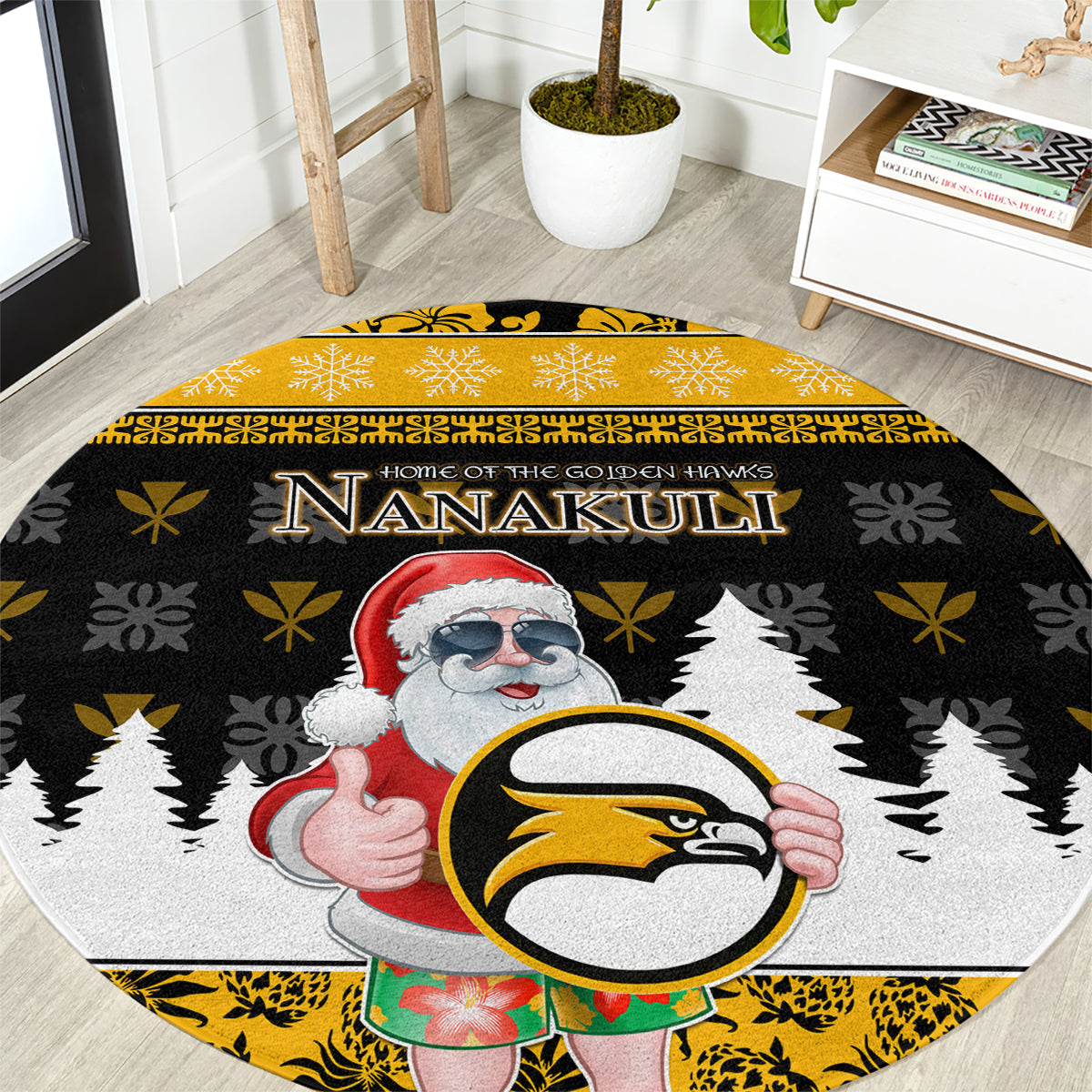 Custom Hawaii Nanakuli High and Intermediate School Christmas Round Carpet Tropical Santa Claus LT05 Yellow - Polynesian Pride