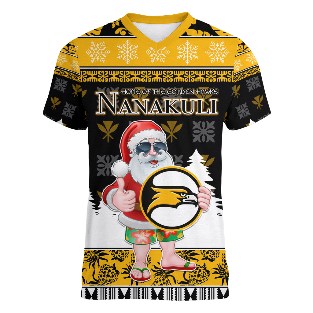 Custom Hawaii Nanakuli High and Intermediate School Christmas Women V Neck T Shirt Tropical Santa Claus LT05 Female Yellow - Polynesian Pride