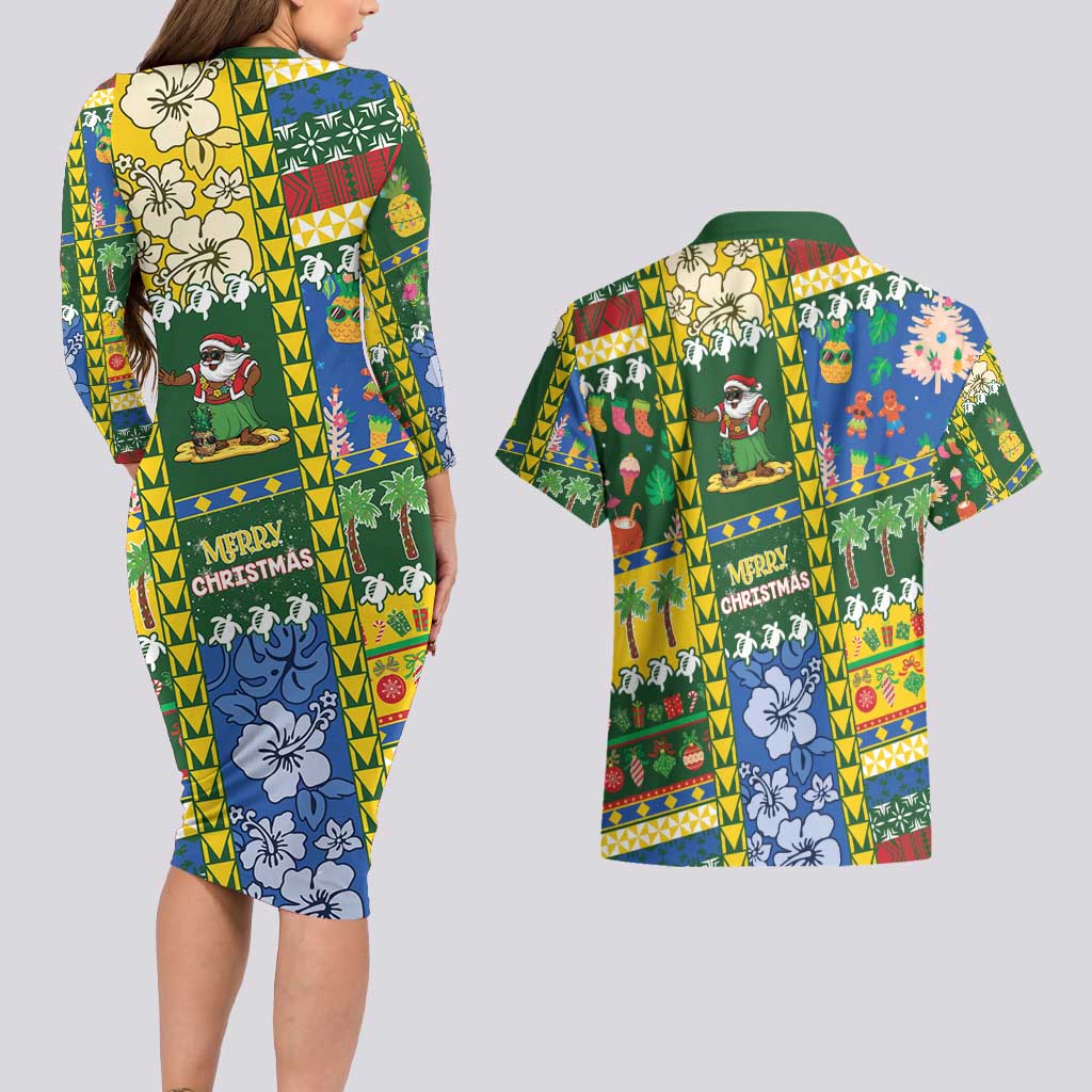 Solomon Islands Christmas Couples Matching Long Sleeve Bodycon Dress and Hawaiian Shirt Festive Beach Vibes - Polynesian Pride