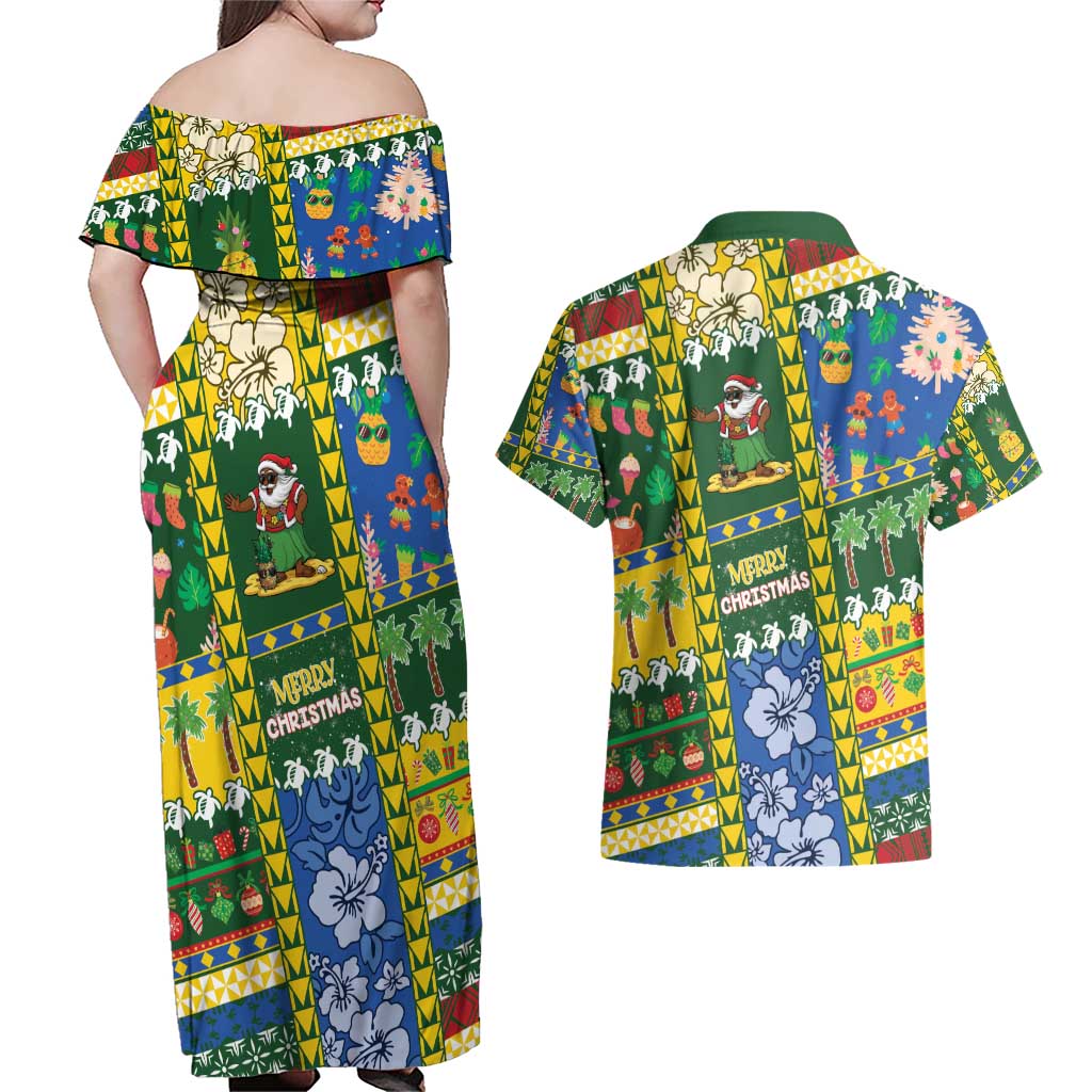 Solomon Islands Christmas Couples Matching Off Shoulder Maxi Dress and Hawaiian Shirt Festive Beach Vibes - Polynesian Pride