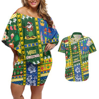 Solomon Islands Christmas Couples Matching Off Shoulder Short Dress and Hawaiian Shirt Festive Beach Vibes - Polynesian Pride