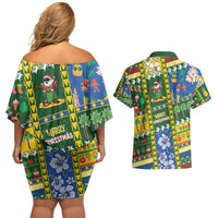 Solomon Islands Christmas Couples Matching Off Shoulder Short Dress and Hawaiian Shirt Festive Beach Vibes - Polynesian Pride
