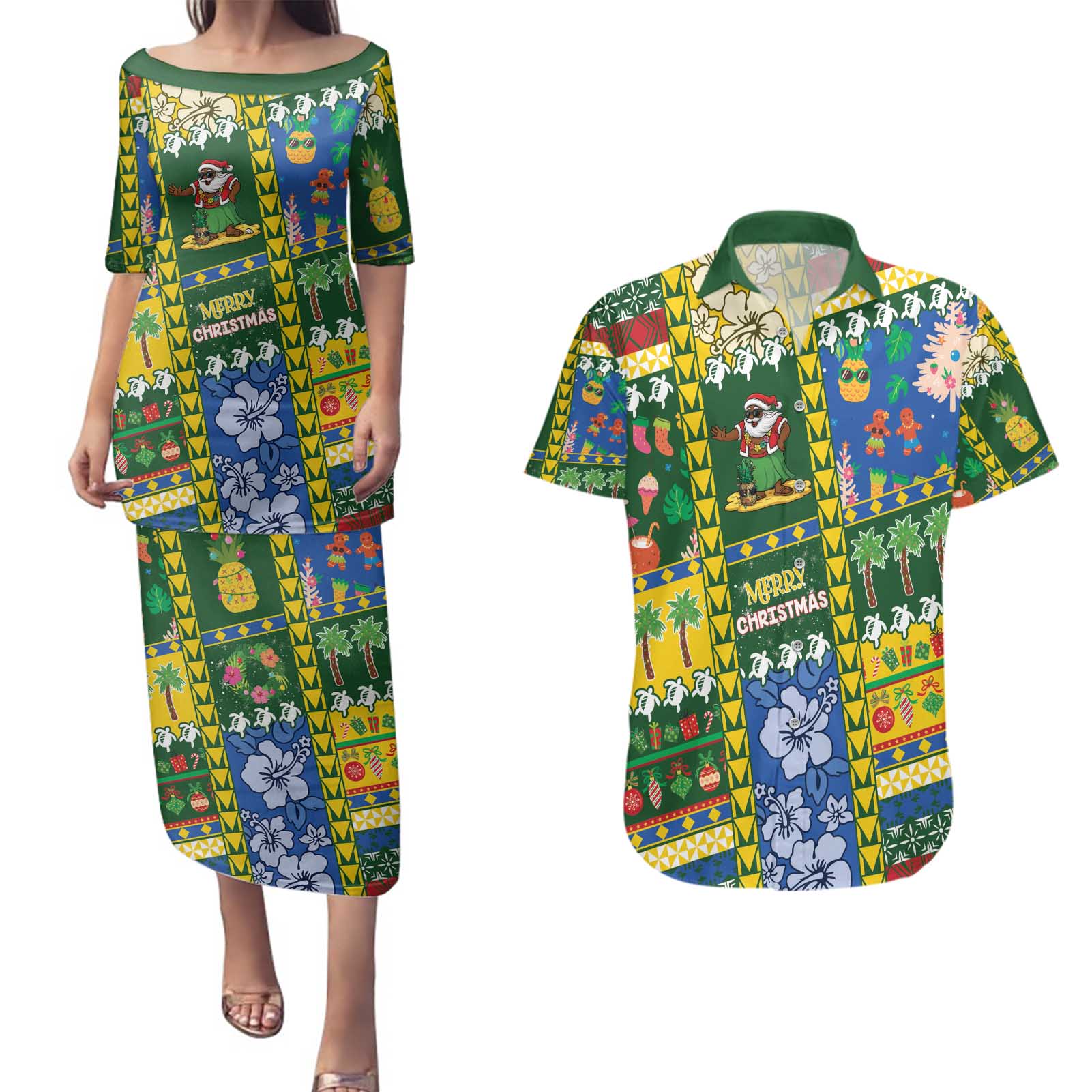 Solomon Islands Christmas Couples Matching Puletasi and Hawaiian Shirt Festive Beach Vibes - Polynesian Pride