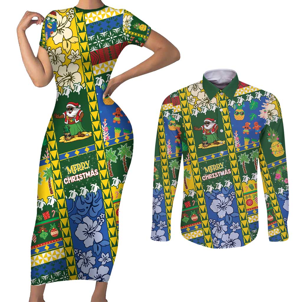 Solomon Islands Christmas Couples Matching Short Sleeve Bodycon Dress and Long Sleeve Button Shirt Festive Beach Vibes - Polynesian Pride