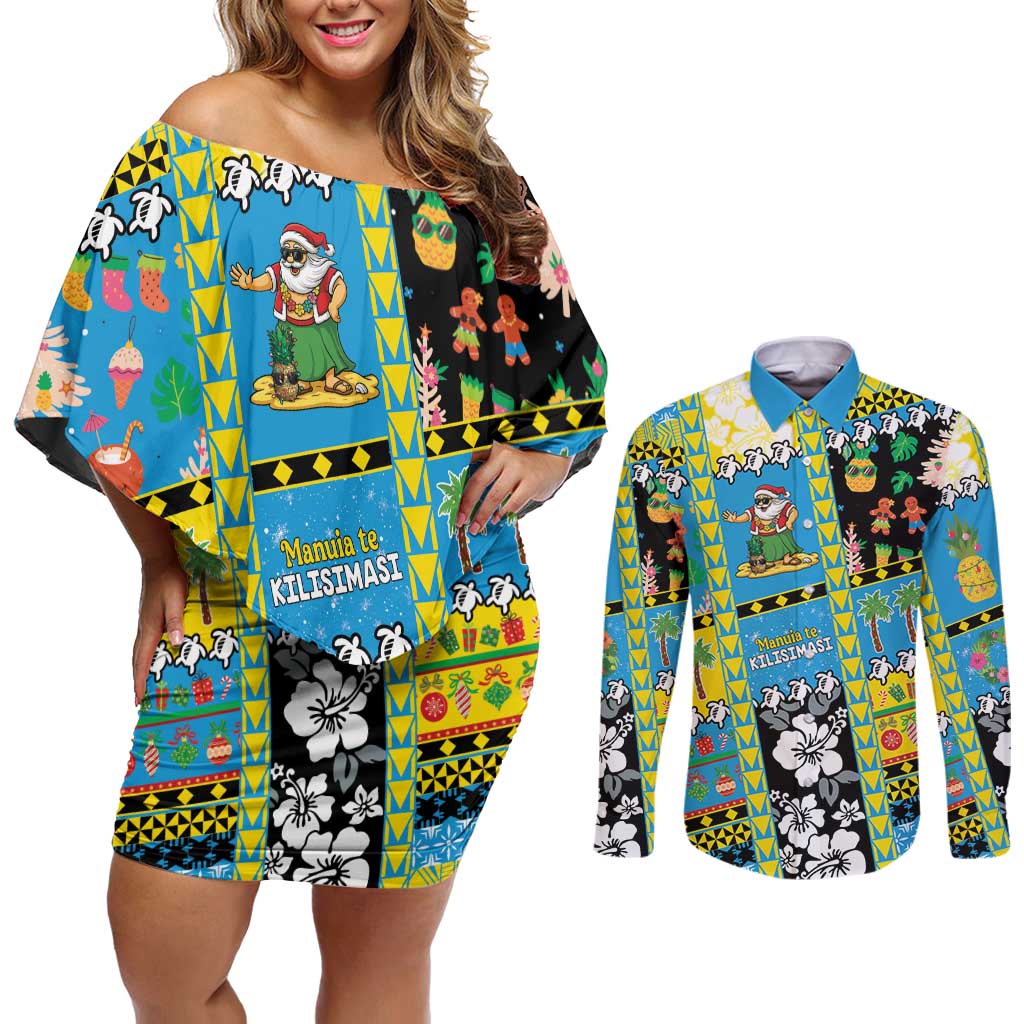Tuvalu Christmas Couples Matching Off Shoulder Short Dress and Long Sleeve Button Shirt Festive Beach Vibes - Polynesian Pride