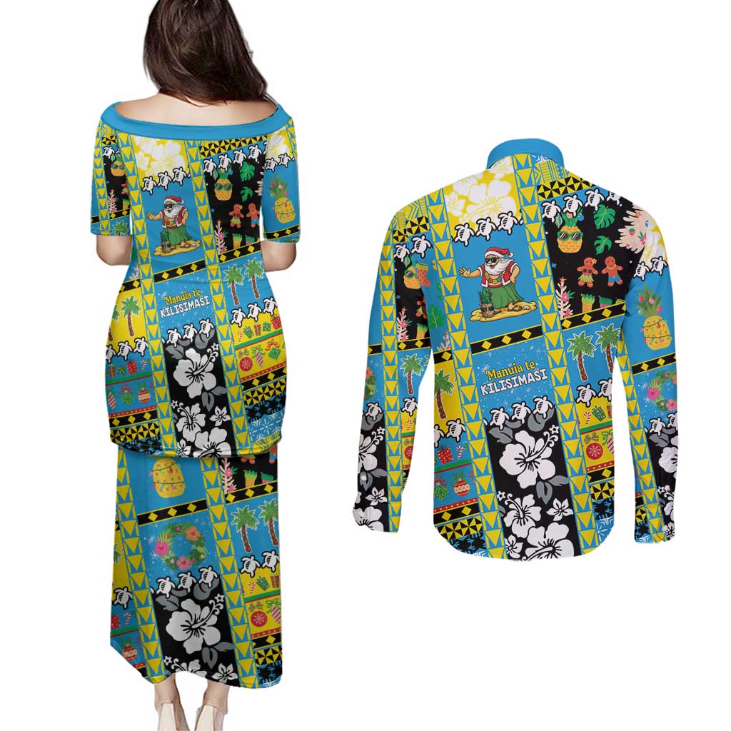 Tuvalu Christmas Couples Matching Puletasi and Long Sleeve Button Shirt Festive Beach Vibes - Polynesian Pride