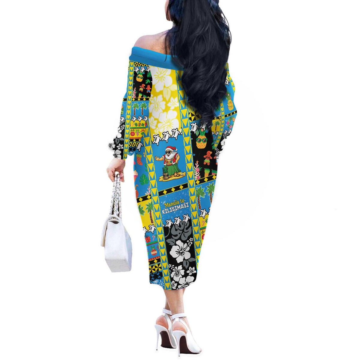 Tuvalu Christmas Off The Shoulder Long Sleeve Dress Festive Beach Vibes - Polynesian Pride