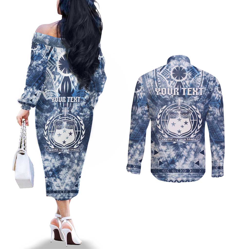Samoa 685 Couples Matching Off The Shoulder Long Sleeve Dress and Long Sleeve Button Shirt Polynesian Pattern Tie Dye Style
