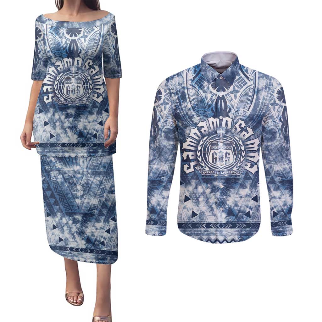 Samoa 685 Couples Matching Puletasi and Long Sleeve Button Shirt Polynesian Pattern Tie Dye Style