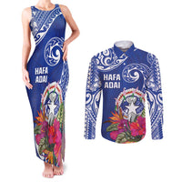 Hafa Adai Northern Mariana Islands Couples Matching Tank Maxi Dress and Long Sleeve Button Shirt Polynesian Tribal Pattern LT05 Blue - Polynesian Pride