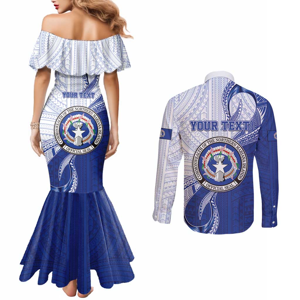Personalized Northern Mariana Islands Couples Matching Mermaid Dress and Long Sleeve Button Shirt CNMI Seal LT05 - Polynesian Pride